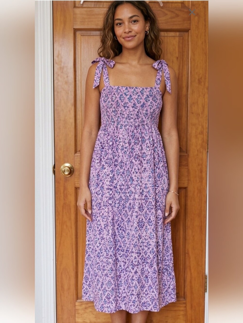Emerson Fry India Collection Tie-Shoulder Smocked Midi Dress size Small